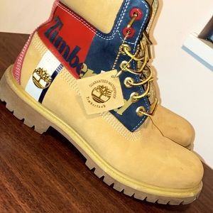 Mens Wheat red & blue timberland boots.